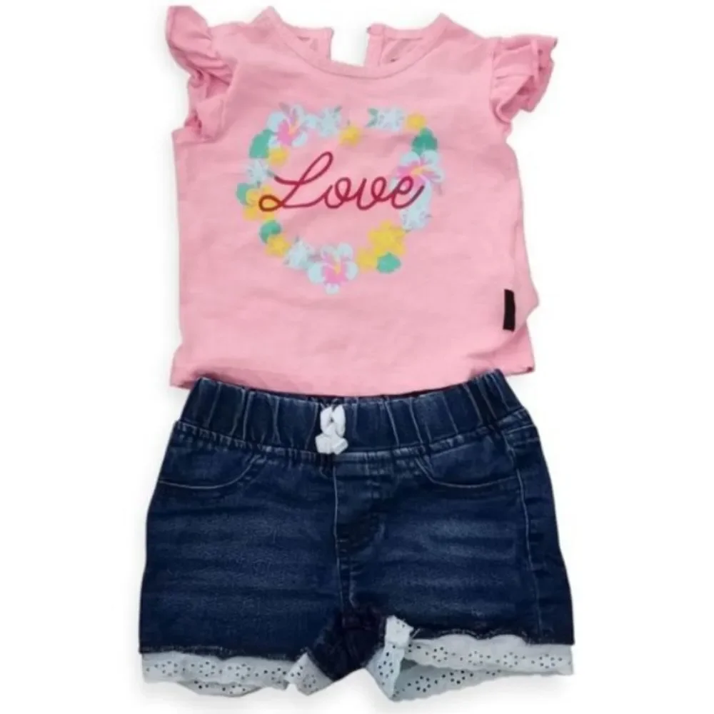 Gap Denim Blue Overalls and Buffalo Pink Love T-Shirt & Shorts Bundle Sz.2T EUC.